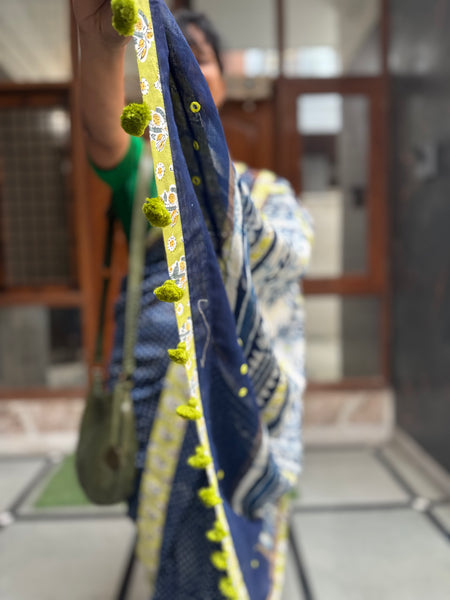 Embroidered Pallu & Patchwork Border- Cotton Silk Block Printed Saree