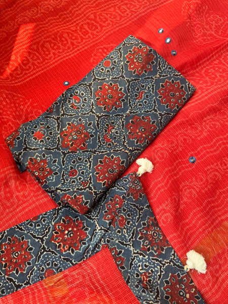 Embroidered pallu & patchwork border- kota doria saree