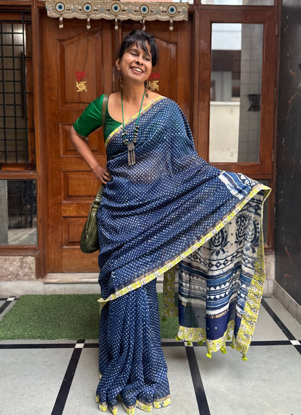 Embroidered Pallu & Patchwork Border- Cotton Silk Block Printed Saree