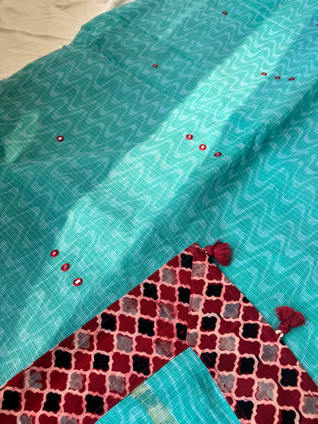 Embroidered pallu & patchwork border- kota doria saree