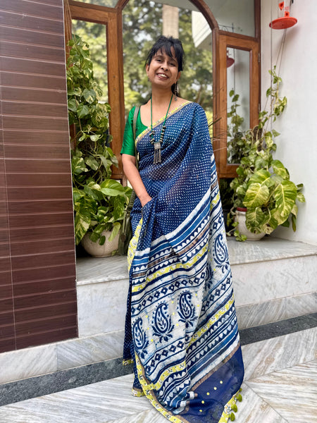 Embroidered Pallu & Patchwork Border- Cotton Silk Block Printed Saree