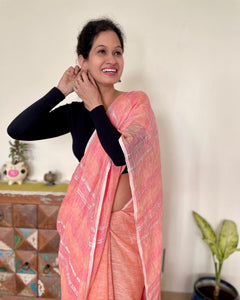 Peach and Pink stripes - Handwoven Linen Saree