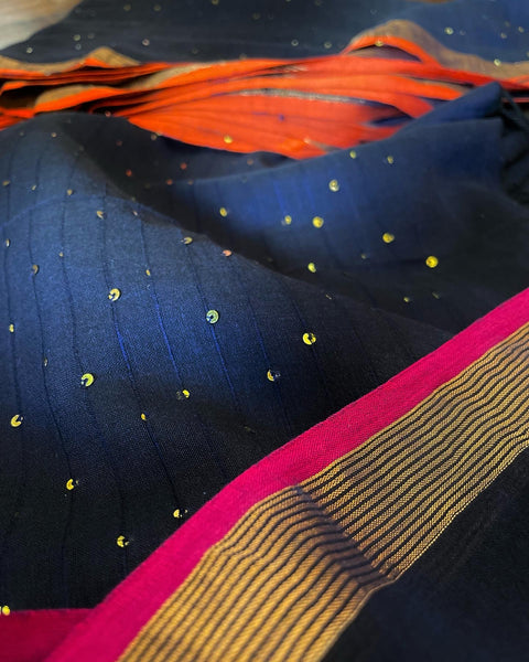 Woven sitara cotton saree- Navy Blue