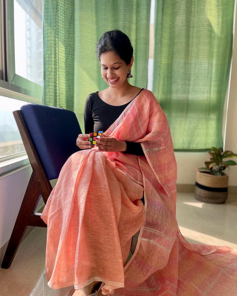 Peach and Pink stripes - Handwoven Linen Saree