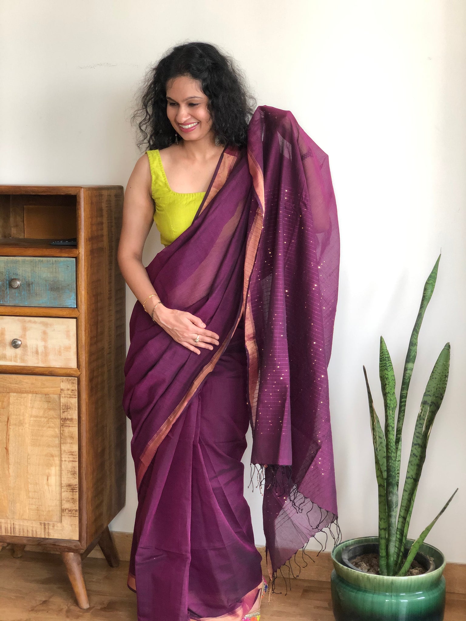 Woven sitara cotton saree- Wine color