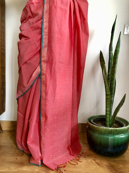 Woven sitara cotton saree- Peach
