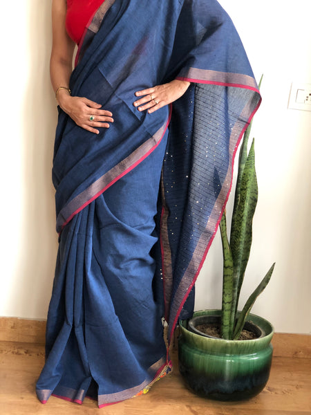 Woven sitara cotton saree- Dusty Blue