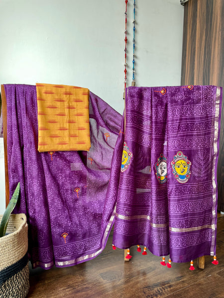 Embroidered handblock printed chanderi cotton silk saree