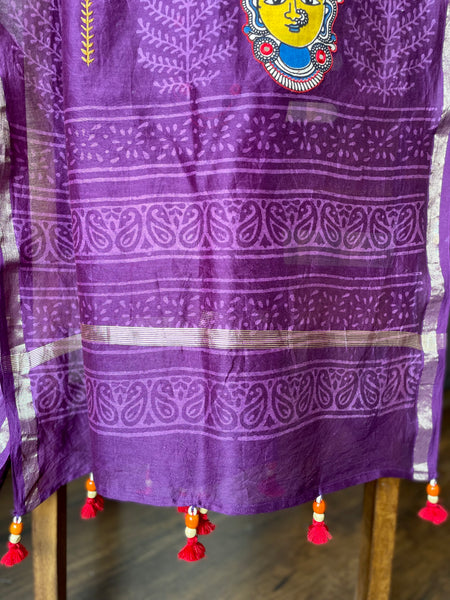 Embroidered handblock printed chanderi cotton silk saree