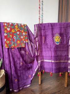Embroidered handblock printed chanderi cotton silk saree