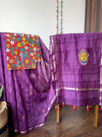 Embroidered handblock printed chanderi cotton silk saree