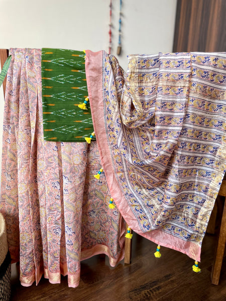 Maheshwari Woven Border Blockprinted Cotton Silk Saree