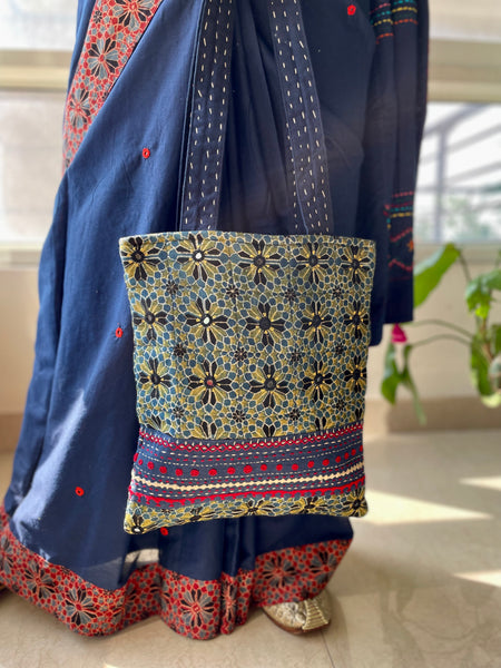 Ajrakh blockprinted Mashroo Silk Embroidered Jhola