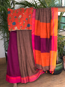 Dark brown khadi cotton saree
