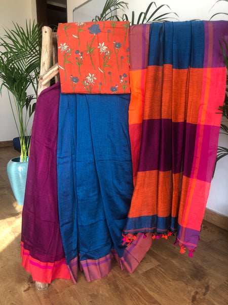 Bengal handloom khadi cotton saree - Navy Blue