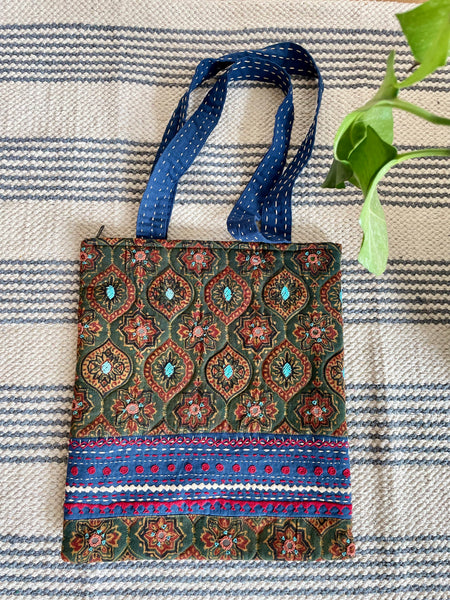 Ajrakh block printed cotton embroidered Jhola