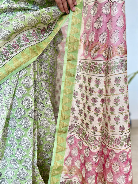 Maheshwari Woven Border Blockprinted Cotton Silk Saree