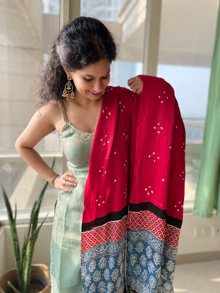 Ajrakh & Bandhni Modal Silk Tissue Pallu Dupatta