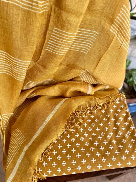 Block Printed Cotton shirt with Linen Dupatta - 2 piece set
