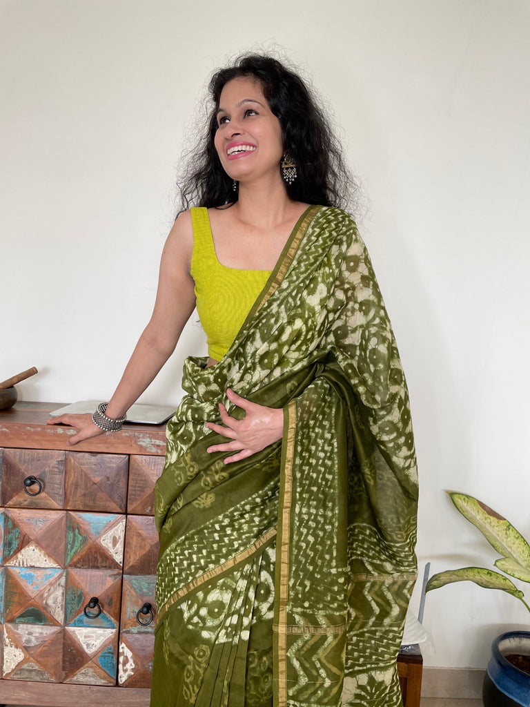 Apricot cotton hand block print saree | Kiran's Boutique