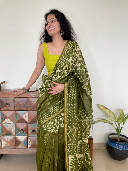 Mehandi green chanderi cotton silk hand block printed saree
