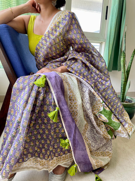 Purple chanderi cotton silk hand block printed saree