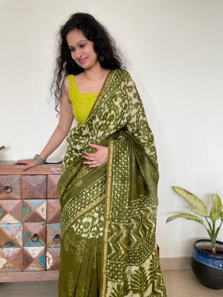 Mehandi green chanderi cotton silk hand block printed saree