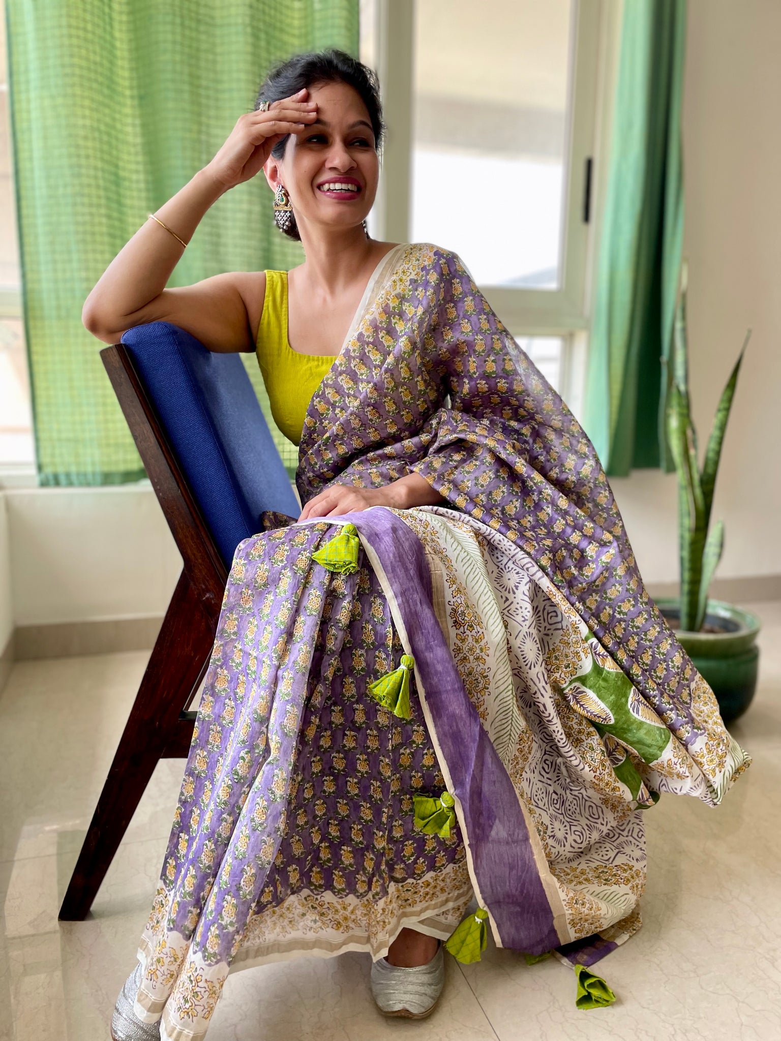 Purple chanderi cotton silk hand block printed saree – Soovos