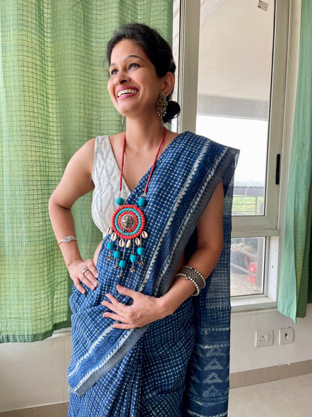 Indigo cotton silk with woven border hand block printed saree