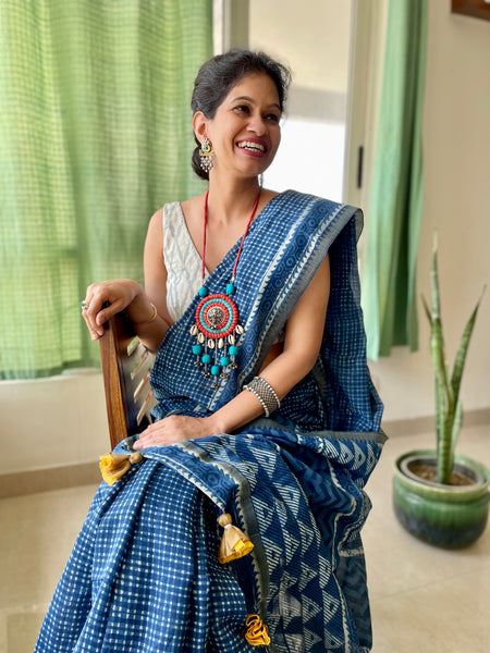 Indigo cotton silk with woven border hand block printed saree