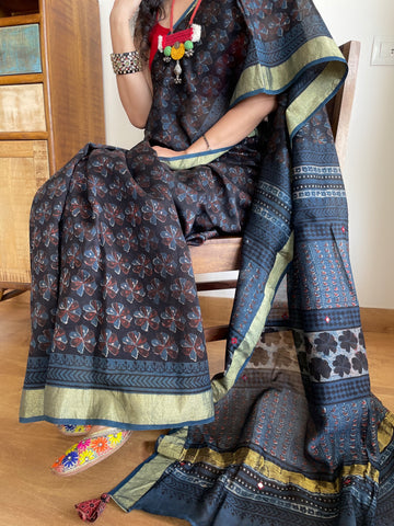 Patela border cotton silk hand block printed dabu saree with sitara embroidery.