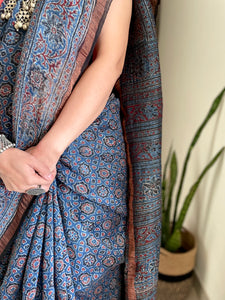 Ajrakh Block Print Silk Linen Naturally Dyed Saree