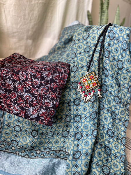 Ajrakh Block Printed Linen Naturally Dyed Saree