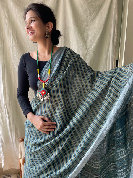 Ajrakh Block Printed Linen Naturally Dyed Saree