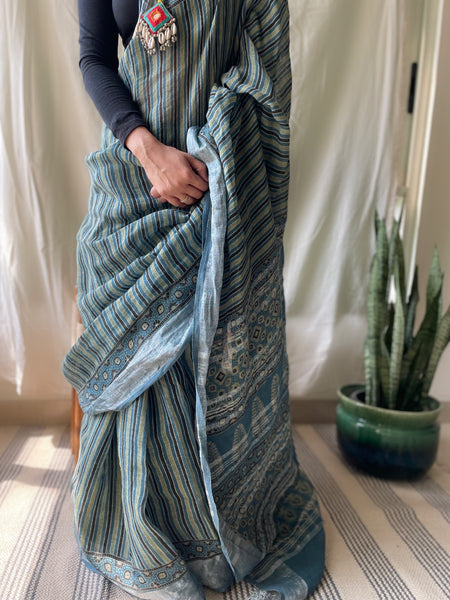 Ajrakh Block Printed Linen Naturally Dyed Saree