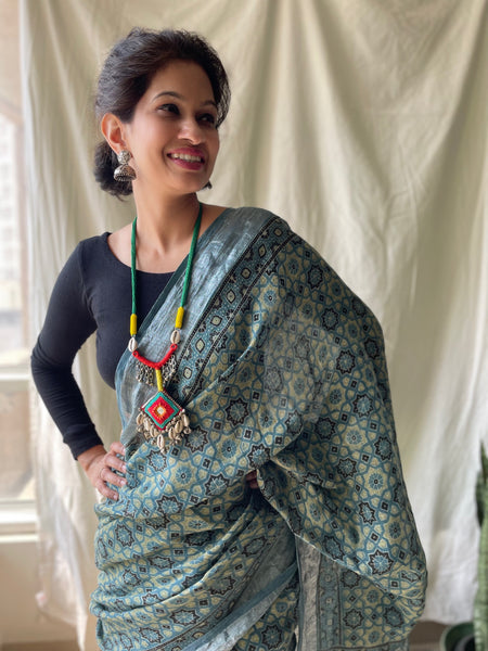 Ajrakh Block Printed Linen Naturally Dyed Saree
