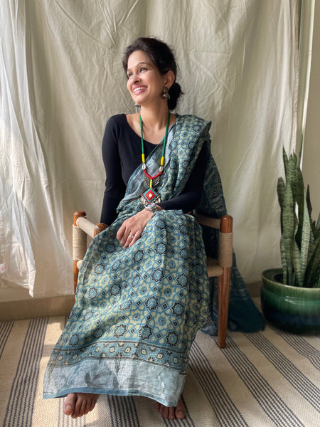Ajrakh Block Printed Linen Naturally Dyed Saree