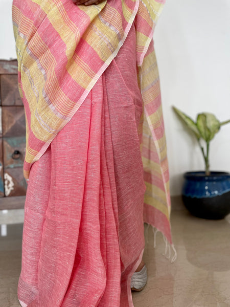 Peach and yellow stripes - Handwoven Linen Saree