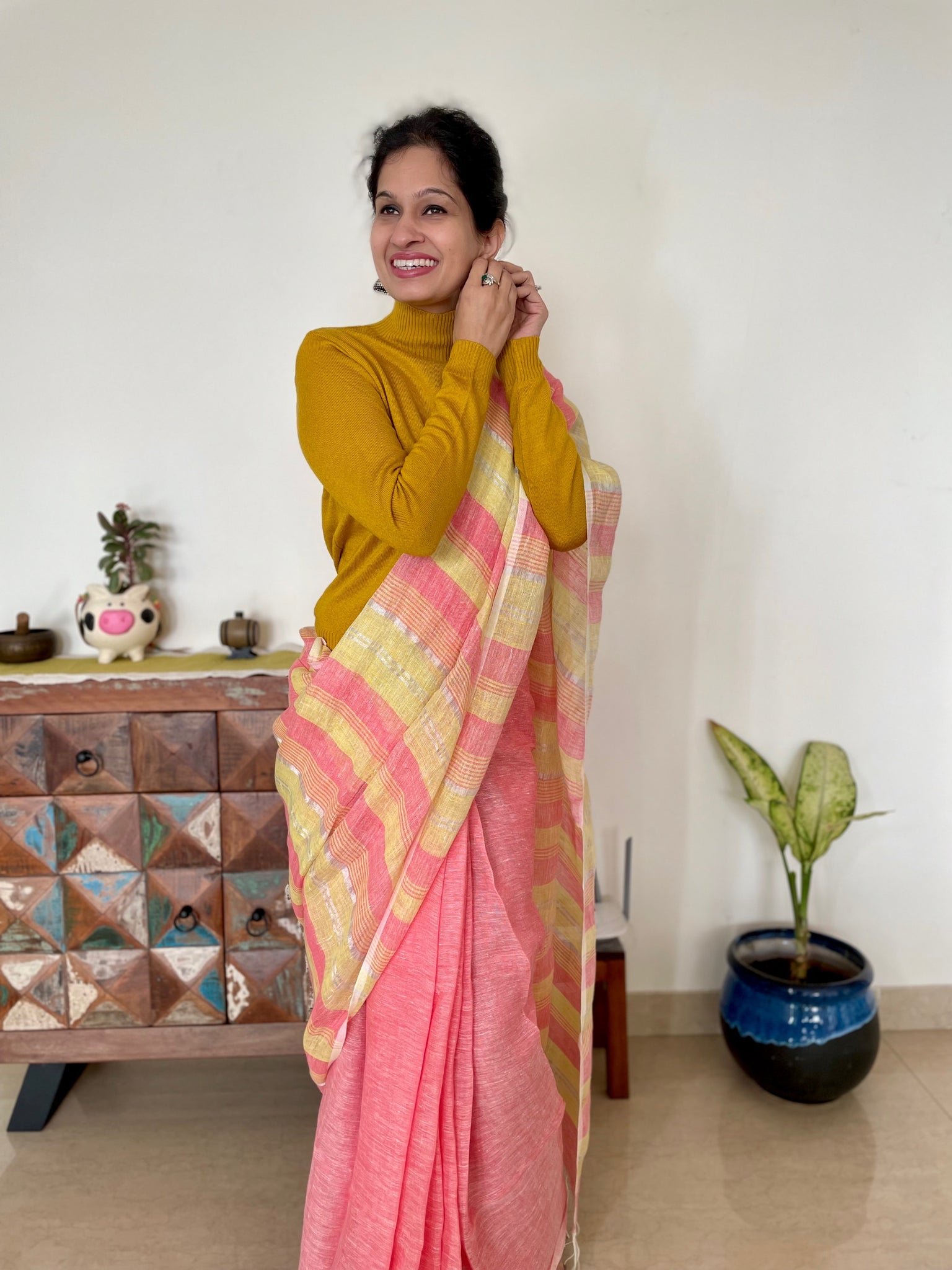Peach and yellow stripes - Handwoven Linen Saree