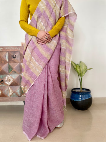 Purple and pista green stripes - Handwoven Linen Saree