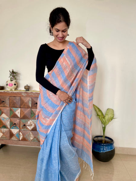 Blue and peach stripes - Handwoven Linen Saree