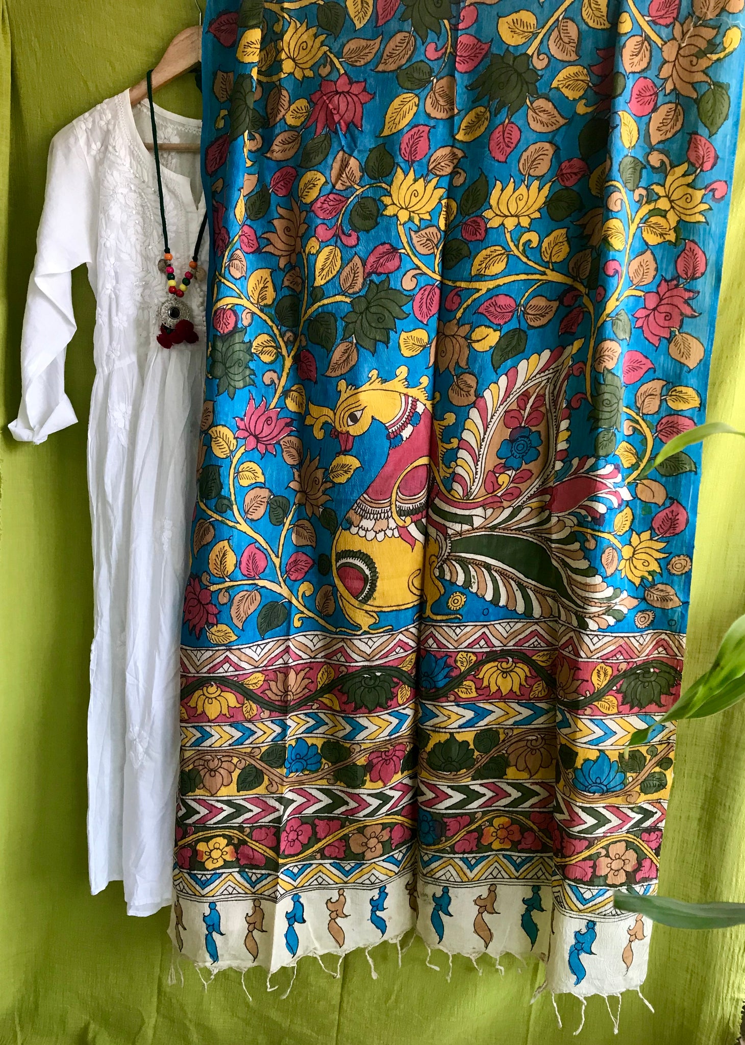 Pen kalamkari organic bangalore silk dupatta- BLUE