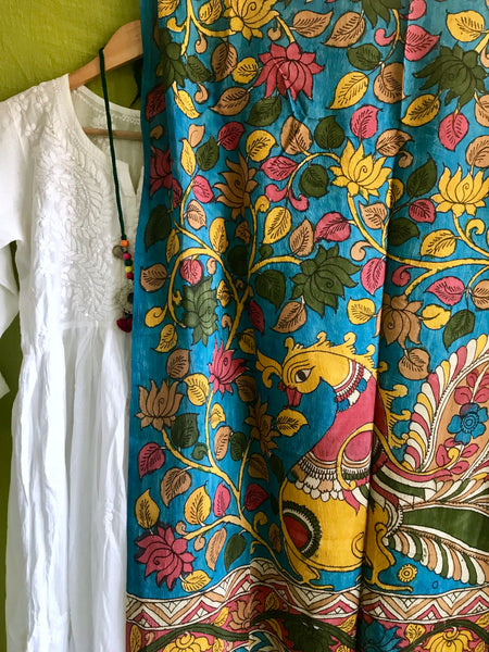 Pen kalamkari organic bangalore silk dupatta- BLUE