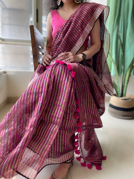 Dark pink handwoven Linen Saree