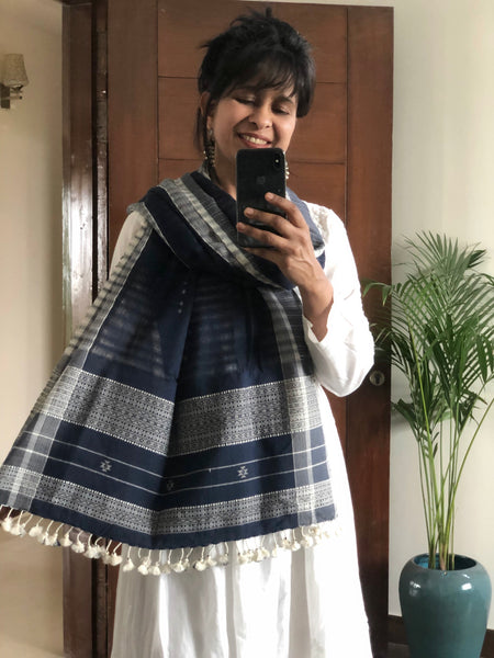 Navy Blue Handwoven Kutchi Stole with Traditional Kutch Design