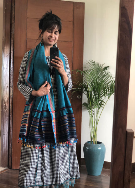 Blue Handwoven Kutchi Stole with Traditional Kutch Design