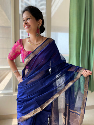 Handwoven Maheshwari Cotton Silk Saree with woven zari border