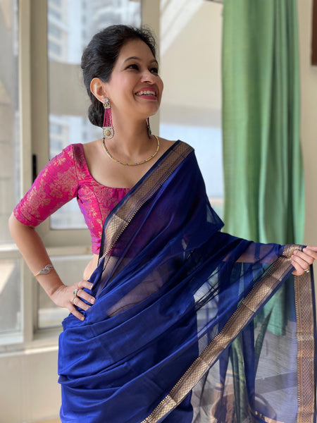 Handwoven Maheshwari Cotton Silk Saree with woven zari border