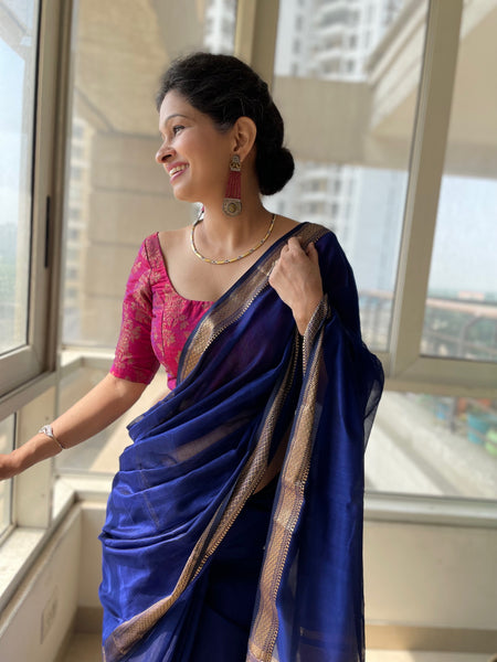 Handwoven Maheshwari Cotton Silk Saree with woven zari border