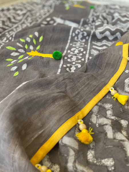 Dabu Mul cotton hand block printed saree with Embroidery